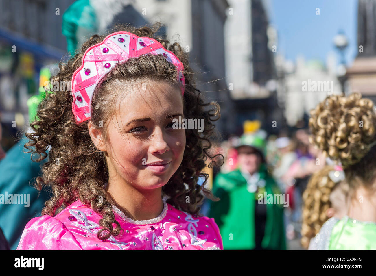 London, UK. 16 March 2014. A young Irish dancer during the annual St Patrick's day parade in London.  Photographer:  Gordon Scammell/Alamy Live News Stock Photo
