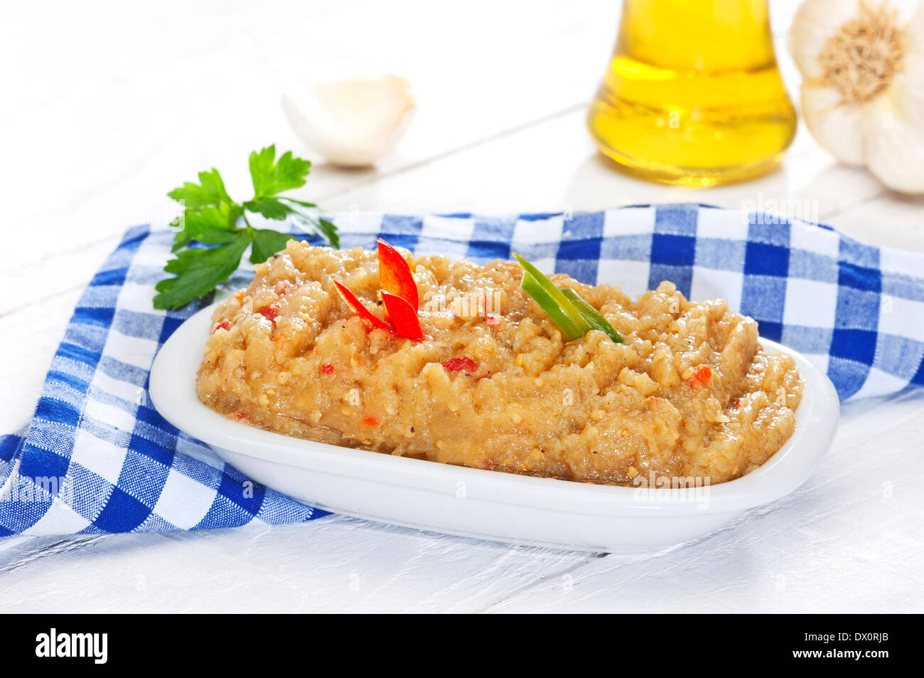 a traditional Greek recipe made of mashed eggplants, red bell pepper garlic and olive oil Stock Photo