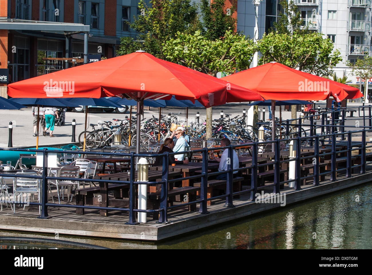 Outdoor eating as part of the development at Gunwharf Quays by the