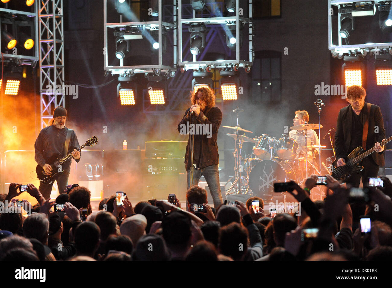 Austin, Texas, USA. 14th Mar, 2014. (L-R) Kim Thayil, Chris Cornell, Matt Cameron and Ben Shepherd of Soundgarden perform in concert at the Guitar Center Direct TV live stream show from a roof top party during South By Southwest (SXSW) on March 14, 2014 in Austin, Texas - USA (Photo by Manuel Nauta/NurPhoto) © Manuel Nauta/NurPhoto/ZUMAPRESS.com/Alamy Live News Stock Photo