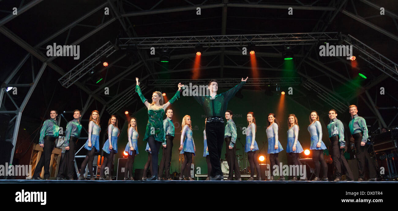 London, UK. 16th March, 2014. World-famous Riverdance, originally produced by Michael Flatley, ends the St Patrick's Day celebrations in Trafalgar Square, London. The dancers performed ahead of their 20th anniversary tour on the state in Trafalgar Square. Credit:  Nick Savage/Alamy Live News Stock Photo