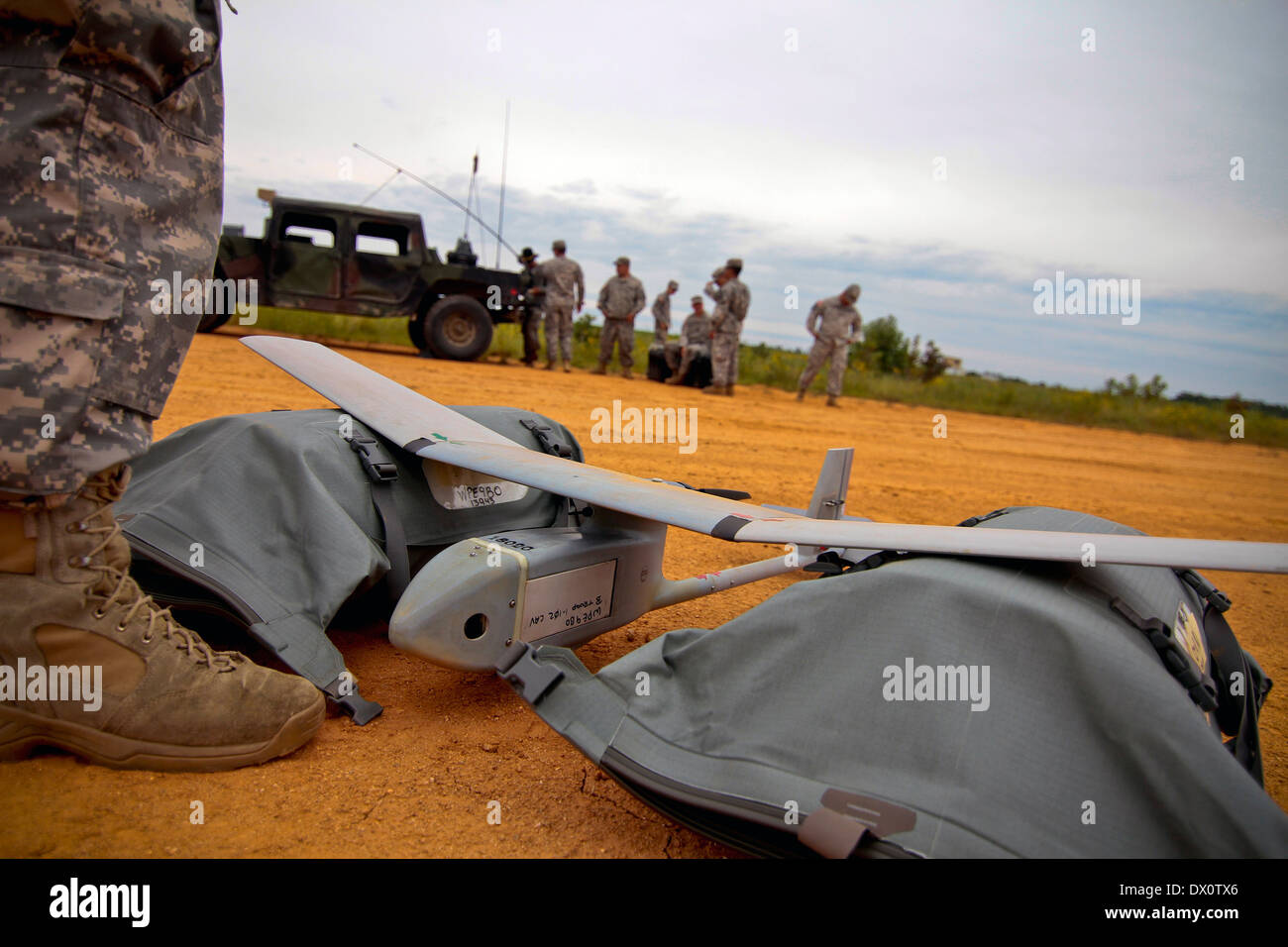 A US Army RQ-11 Raven unmanned drone is ready for launch at Castles Drop Zone August 16, 2013 in Fort Pickett, Virginia. Stock Photo