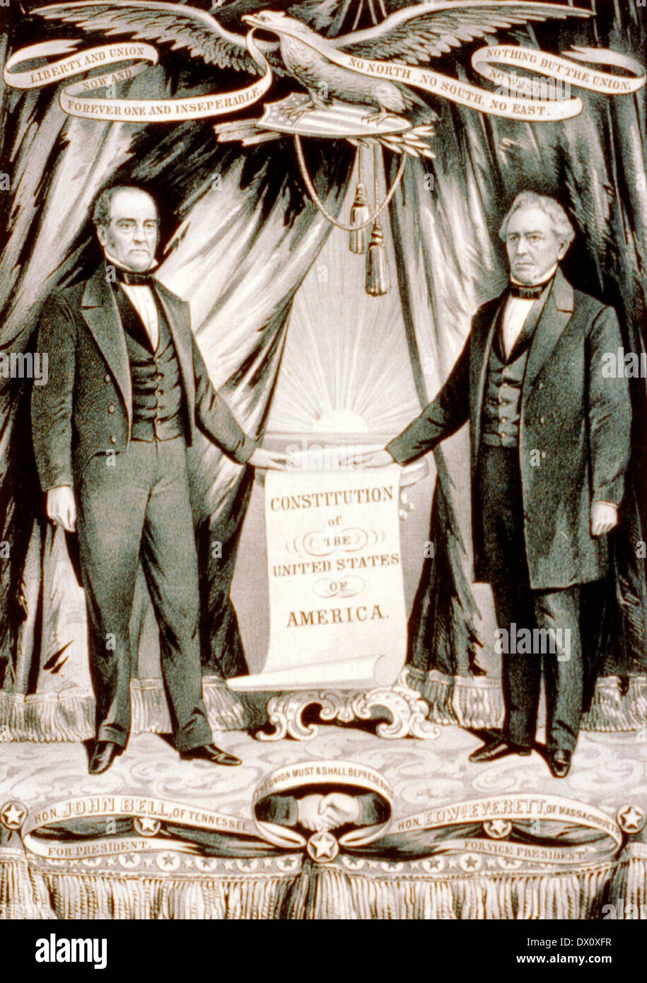 Grand national union banner for 1860. The candidates and their platform. A campaign banner for Constitutional Union party presidential and vice presidential candidates Bell and Everett. Stock Photo
