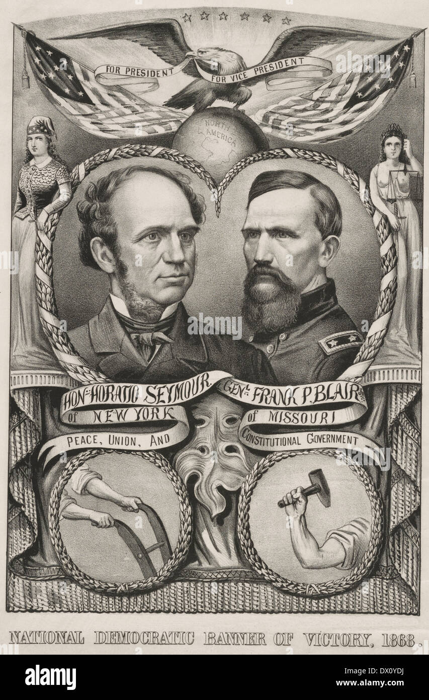 National Democratic banner of victory, 1868 Democratic presidential candidate Horatio Seymour and running mate Francis Preston Blair, Jr., of Missouri. Stock Photo