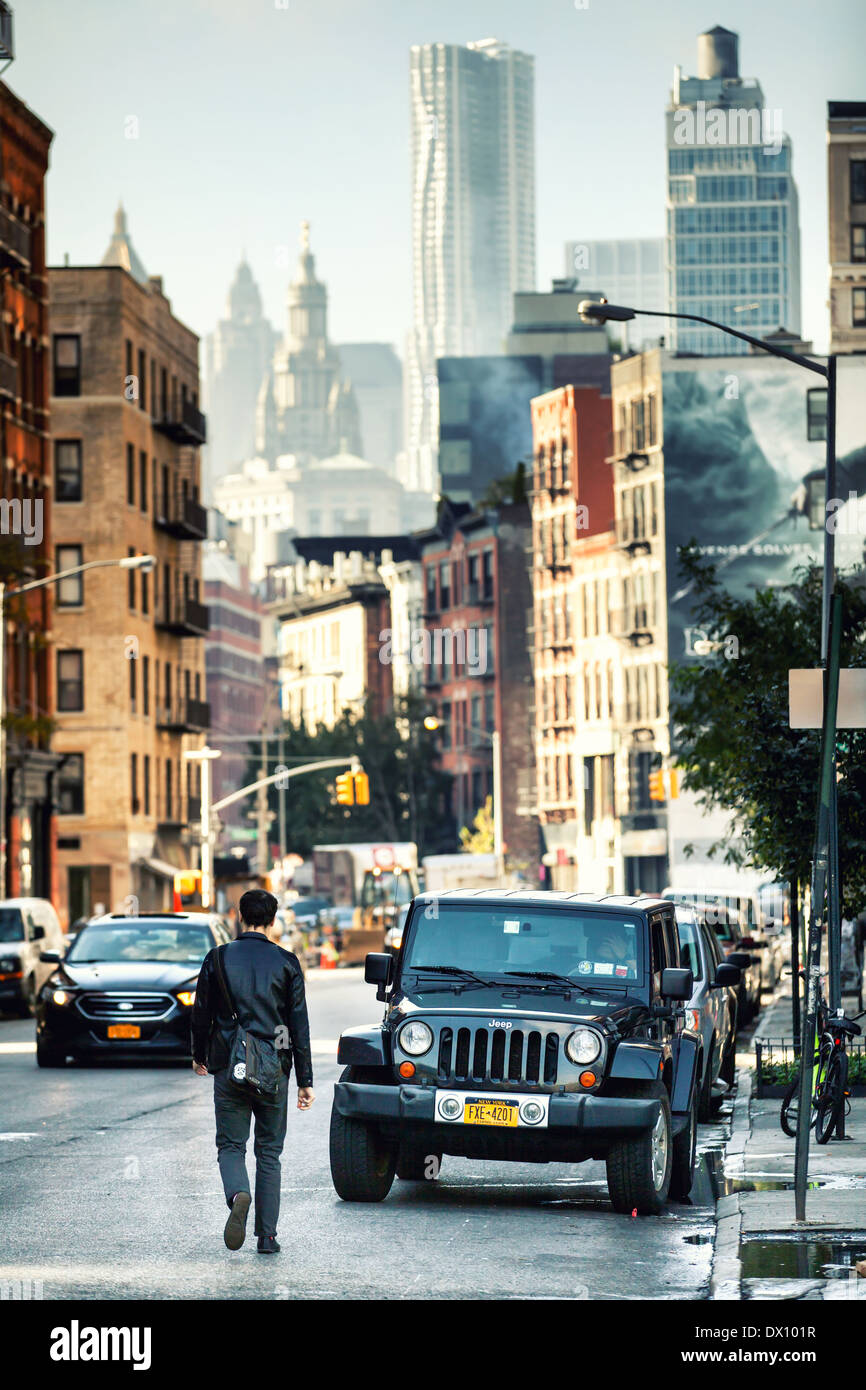 Man and Jeep Wrangler in New York City. Stock Photo