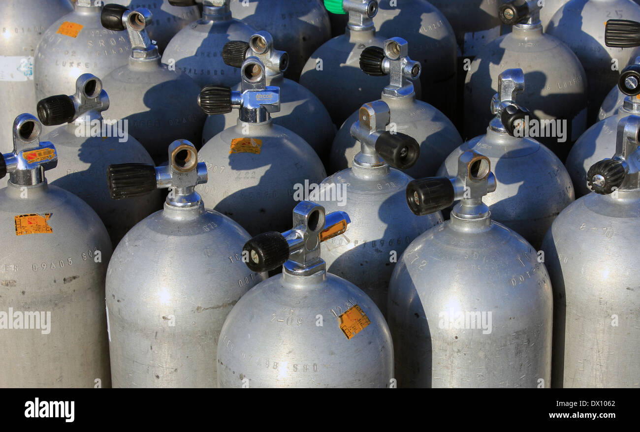 Scuba air tanks with valves Stock Photo Alamy