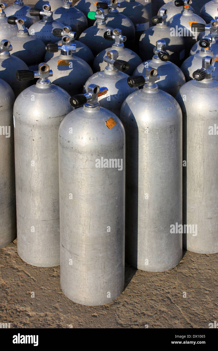 Scuba air tanks with valves Stock Photo Alamy