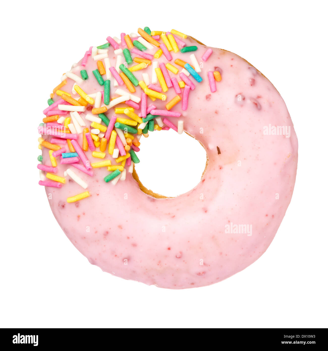 Closeup view of a pink donut with sprinkles, isolated on white Stock Photo Alamy