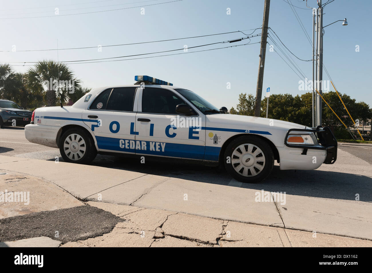 Cedar Key Florida USA Police Car Cruiser on Main Street Stock Photo