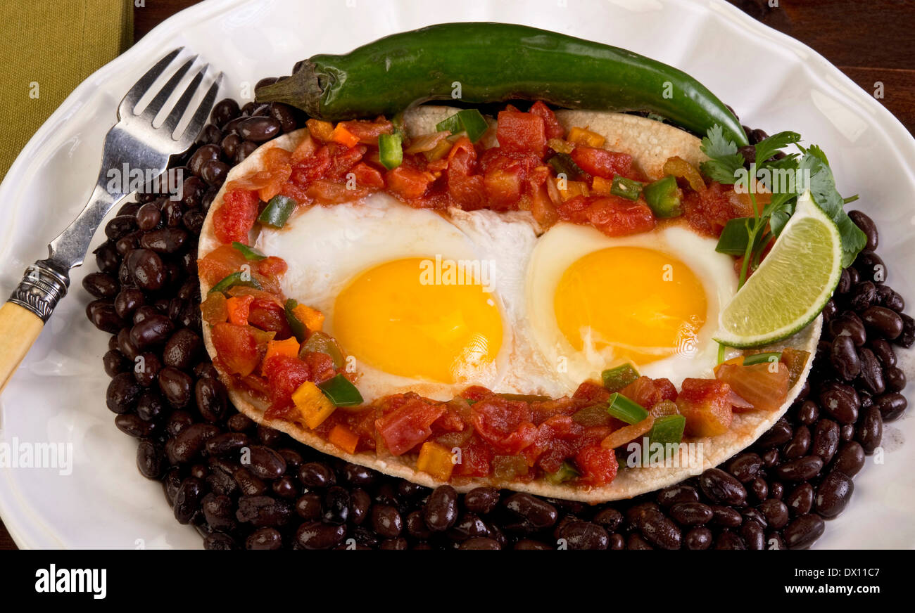 Mexican flour tortilla,salsa, peppers, and eggs. Stock Photo