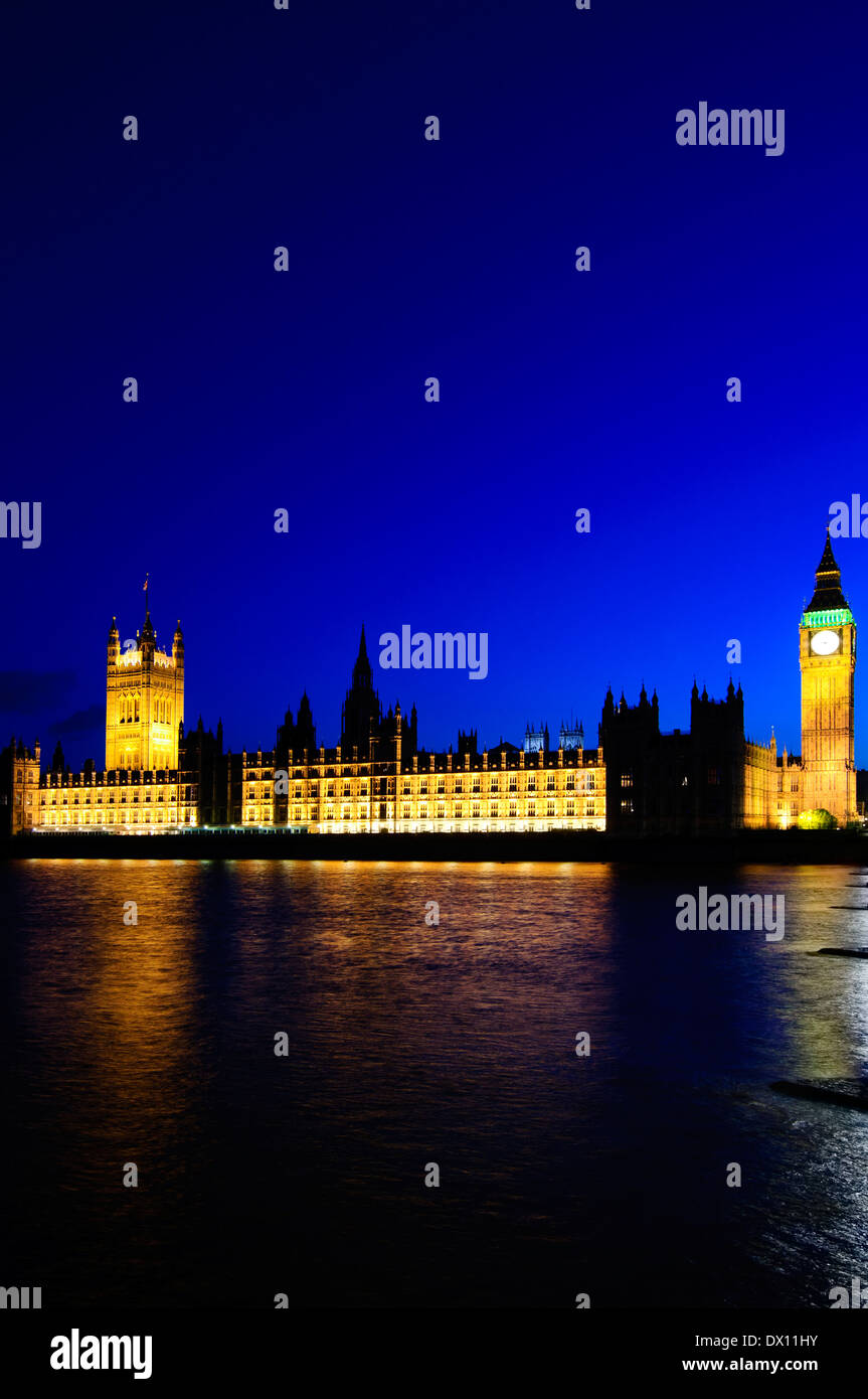 River Front View Houses of Parliament at Dusk Stock Photo