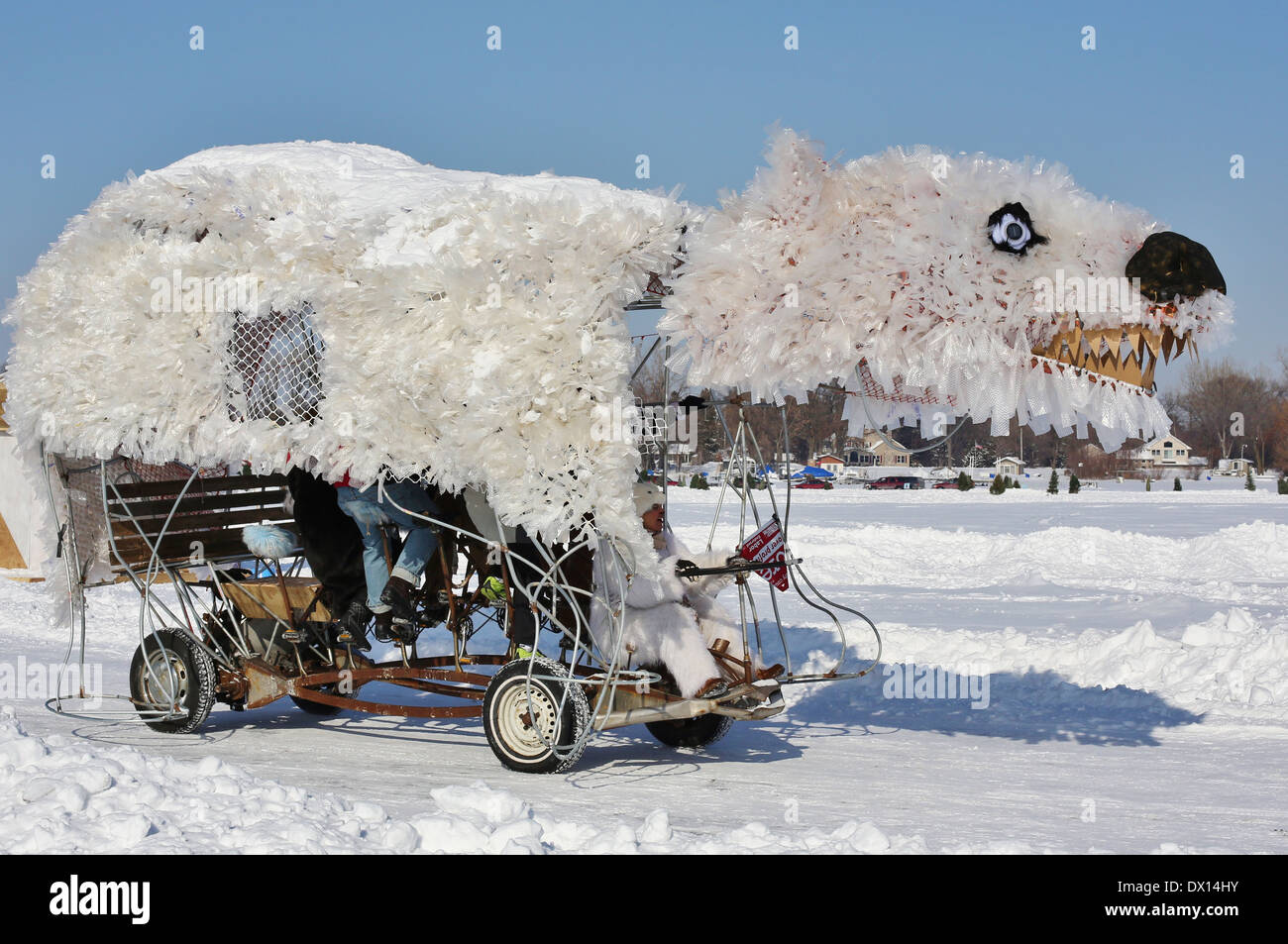 A giant bicycle powered bear at the Art Shanty Projects on White Bear