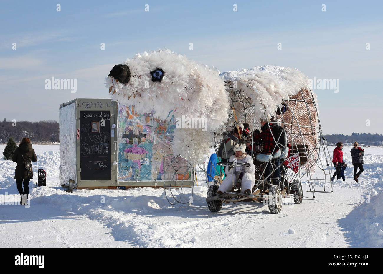 A giant bicycle powered bear at the Art Shanty Projects on White Bear