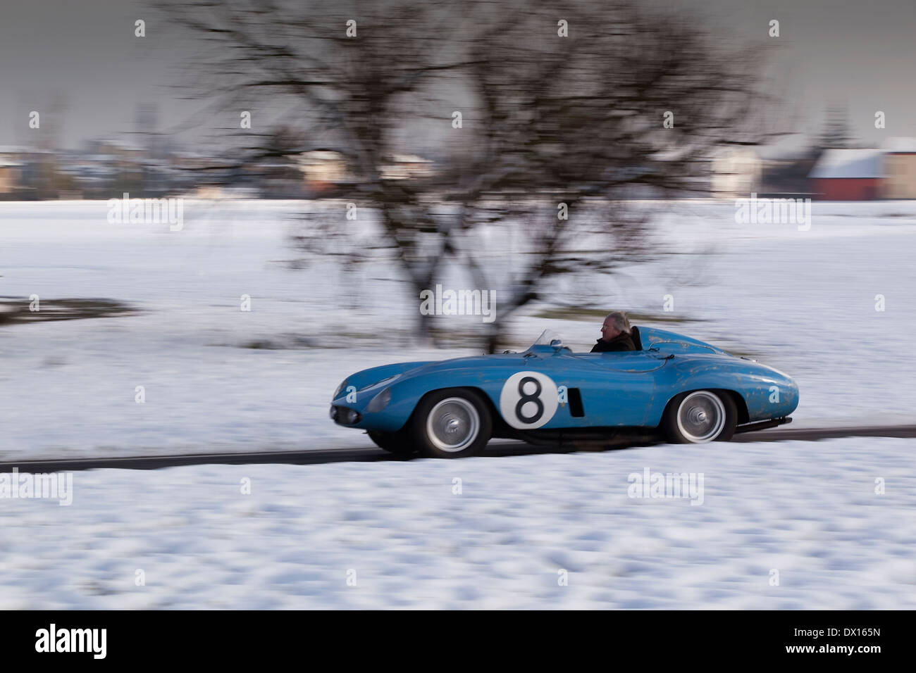 1955 Ferrari  500 Mondial  Spider driving on a road in Italy in winter Stock Photo
