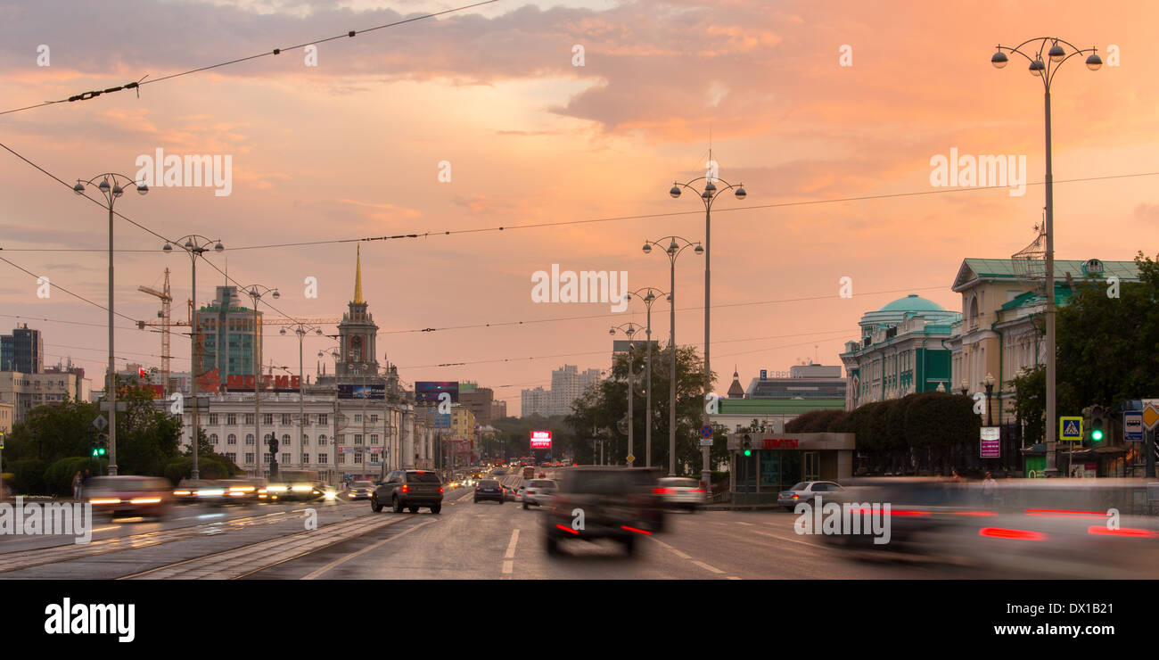 Main city street Lenin avenue in evening lights. Yekaterinburg. Stock Photo