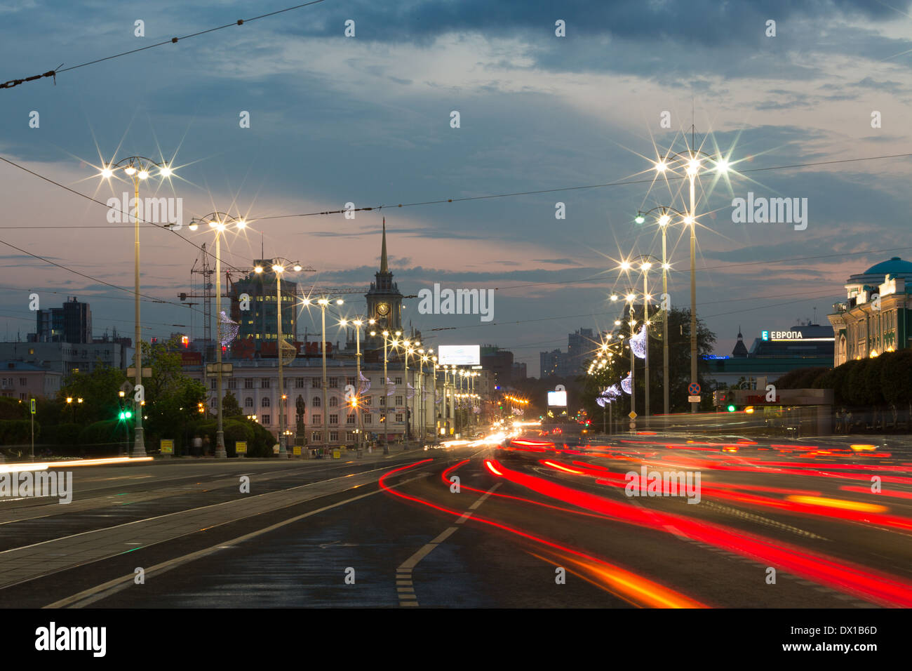 Main city street Lenin avenue in evening lights. Yekaterinburg. Stock Photo