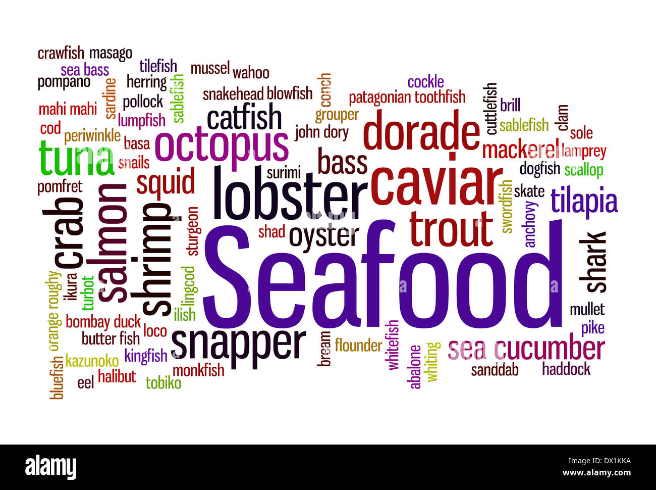 Seafood word cloud concept image over 80 items Stock Photo Alamy