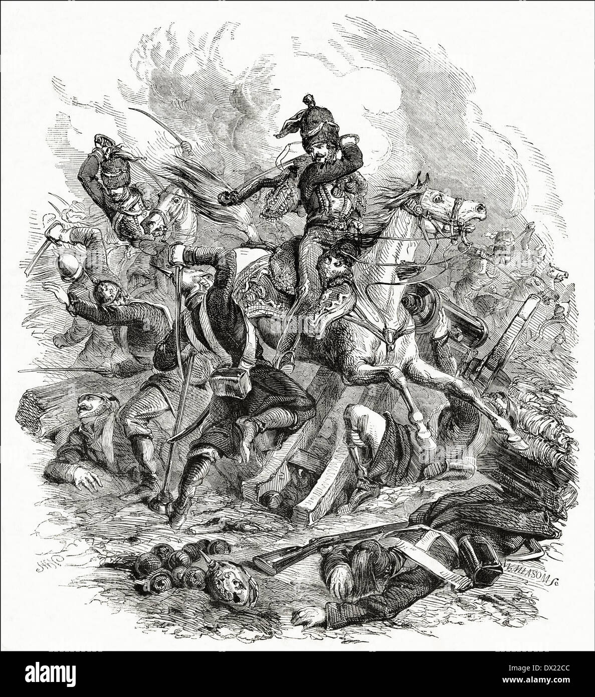 Earl of Cardigan leading The Charge of The Light Brigade at the Battle of Balaclava during the Crimean War 25th October 1854. Victorian engraving by William Measom. Stock Photo