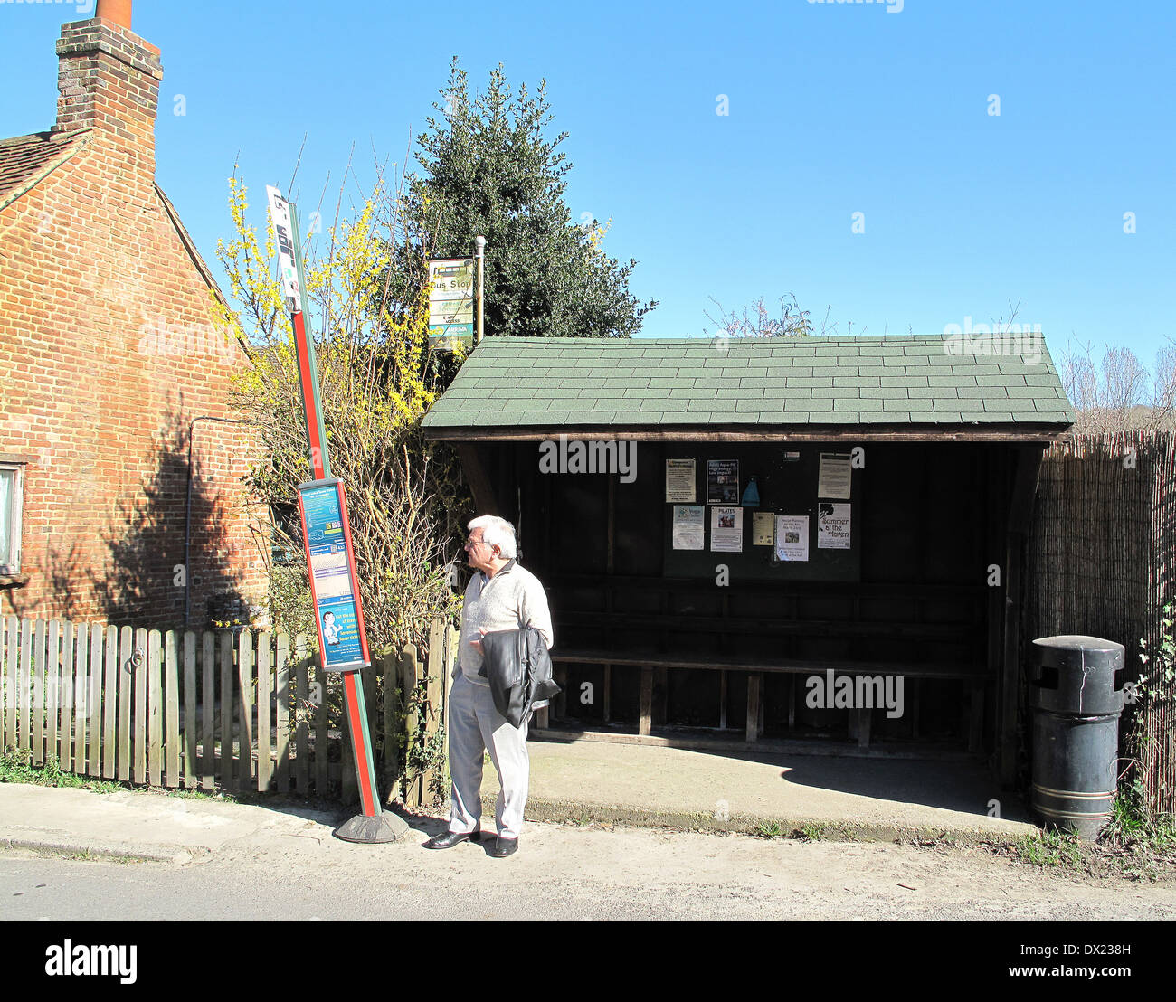 Gentleman standing at bus stop in Shoreham Kent Stock Photo