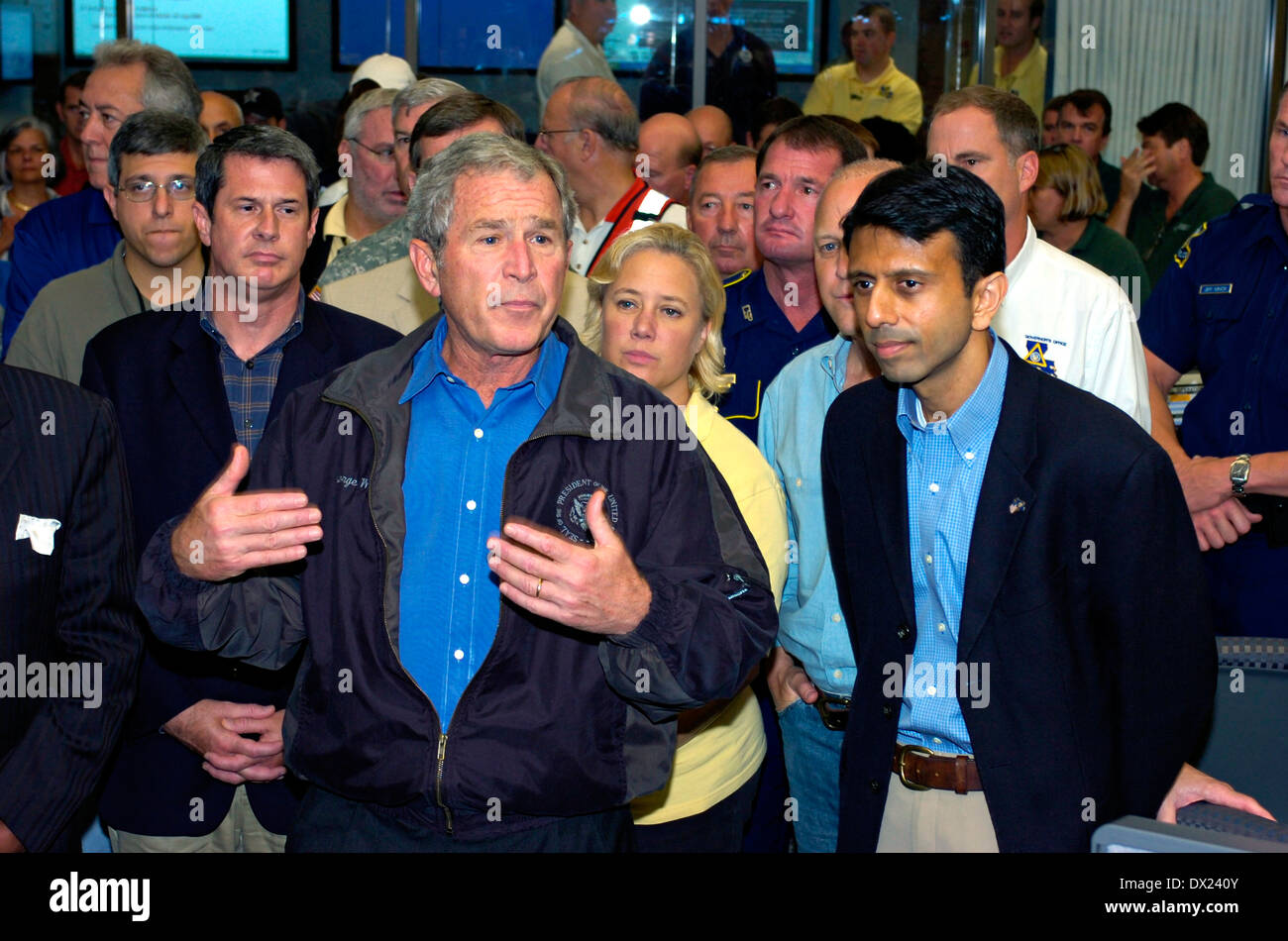 US President George W. Bush discussed the joint federal and state response to Hurricane Gustav with the press and emergency operations staff at the Governor's Office of Homeland Security & Emergency Preparedness September 4, 2009 in Baton Rouge, Louisiana. Joining Bush in the briefing was Louisiana Governor Bobby Jindal, right, and Louisiana Senators David Vitter, left, and Mary Landrieu. Stock Photo