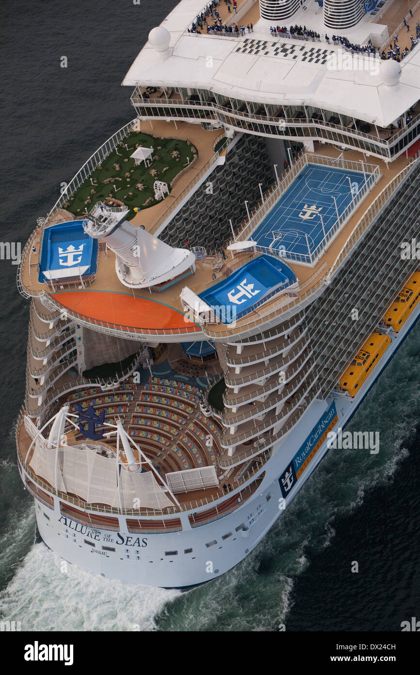 Aerial photo of Allure the Seas, a cruise ship owned by Royal Caribbean sailing towards the Storebaelt Bridge in Denmark Stock Photo - Alamy