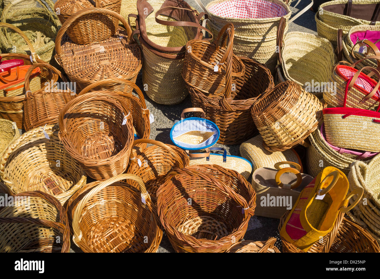 Full frame take of assorted baskets on a street market stall Stock