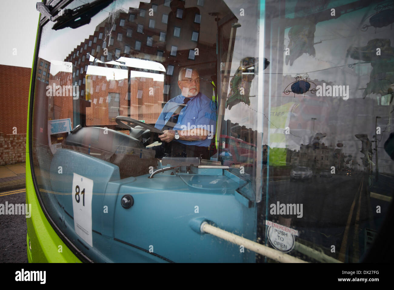 A driver at a bus stop during the Bus Driver of the Year competition in Blackpool. The event. Stock Photo