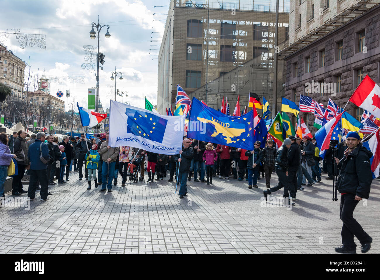 foreign citizens organized a march in downtown Kiev support of the Ukrainian people. The main slogan: 'we love you, Ukrainians!' Stock Photo