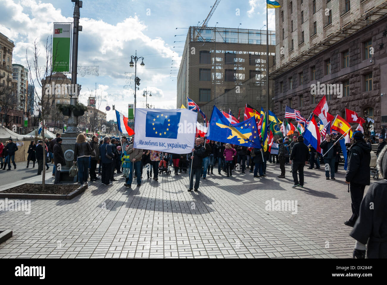 foreign citizens organized a march in downtown Kiev support of the Ukrainian people. The main slogan: 'we love you, Ukrainians!' Stock Photo