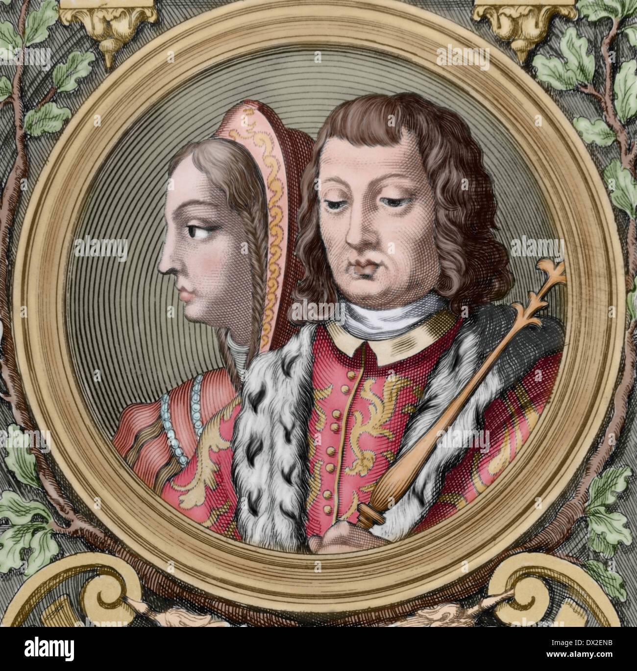 Catholic Kings, Isabella I (1451-1504) and Ferdinand II (1452-1516). Engraving. Colored. Stock Photo