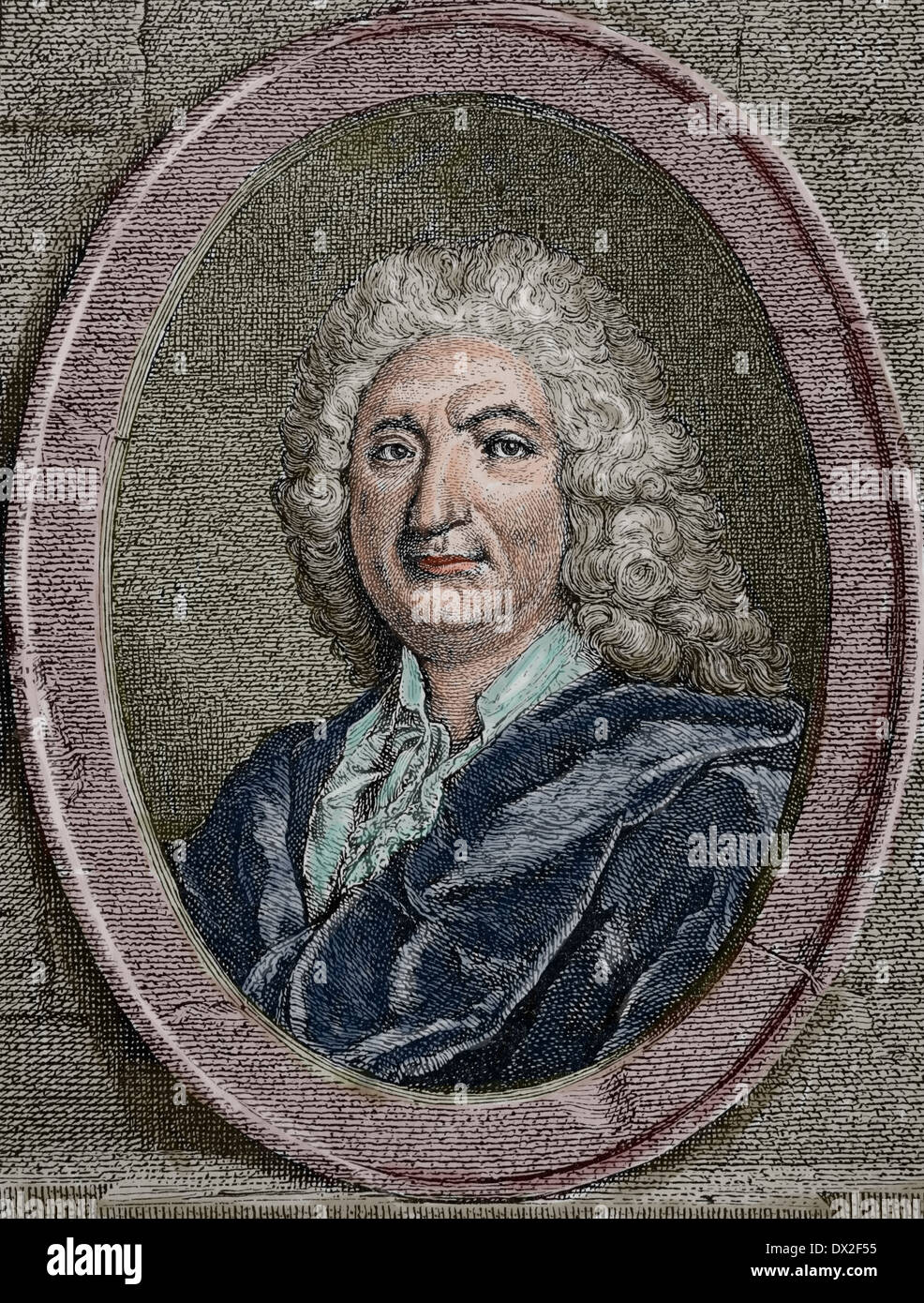 Alain-Rene Lesage (1668- 1747). French novelist and playwright. Best known for picaresque novel Gil Blas. Engraving. Colored. Stock Photo