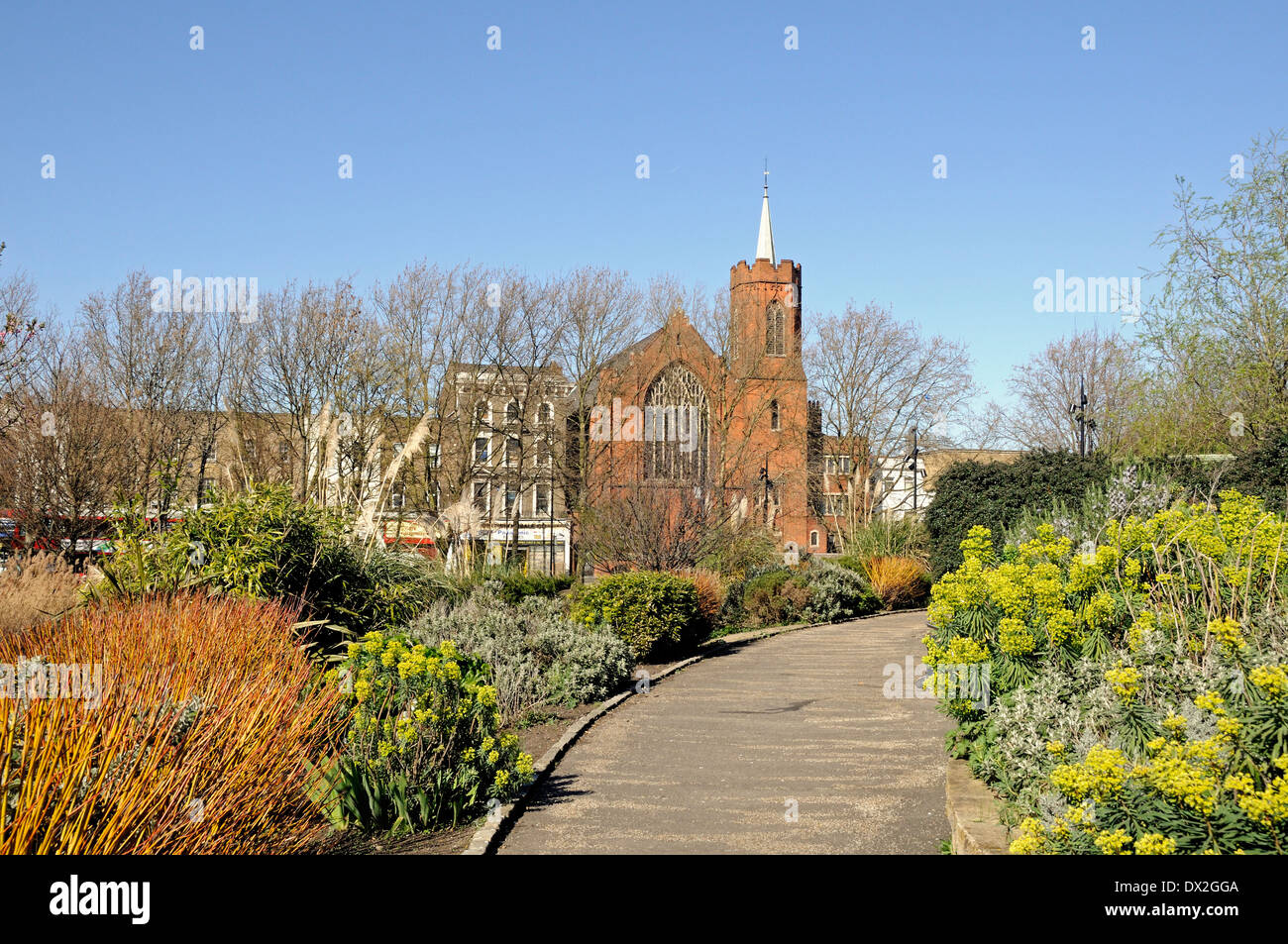 Mile End Park with The Guardian Angels Church in the distance, London Borough of Tower Hamlets, Engalnd UK Stock Photo