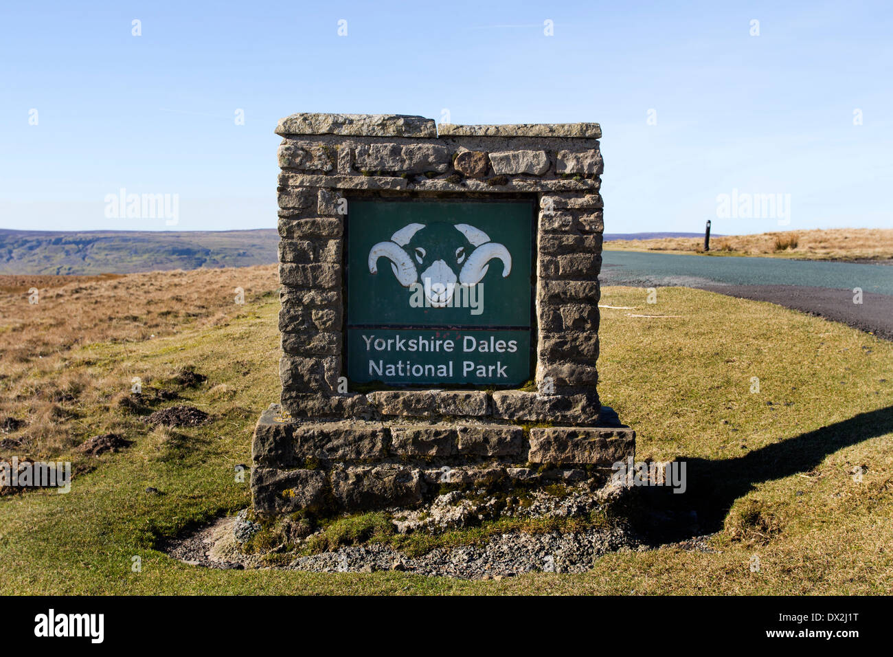 Sign for the Yorkshire Dales National Park on the County Durham Yorkshire Border at Stang Top UK Stock Photo