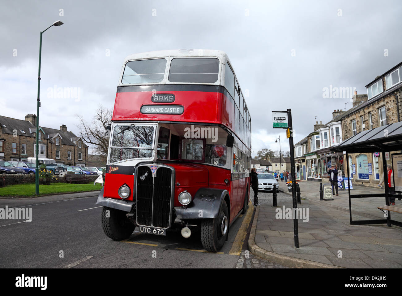 Vintage Service Bus to Barnard Castle Parked at a Bus Stop in Middleton