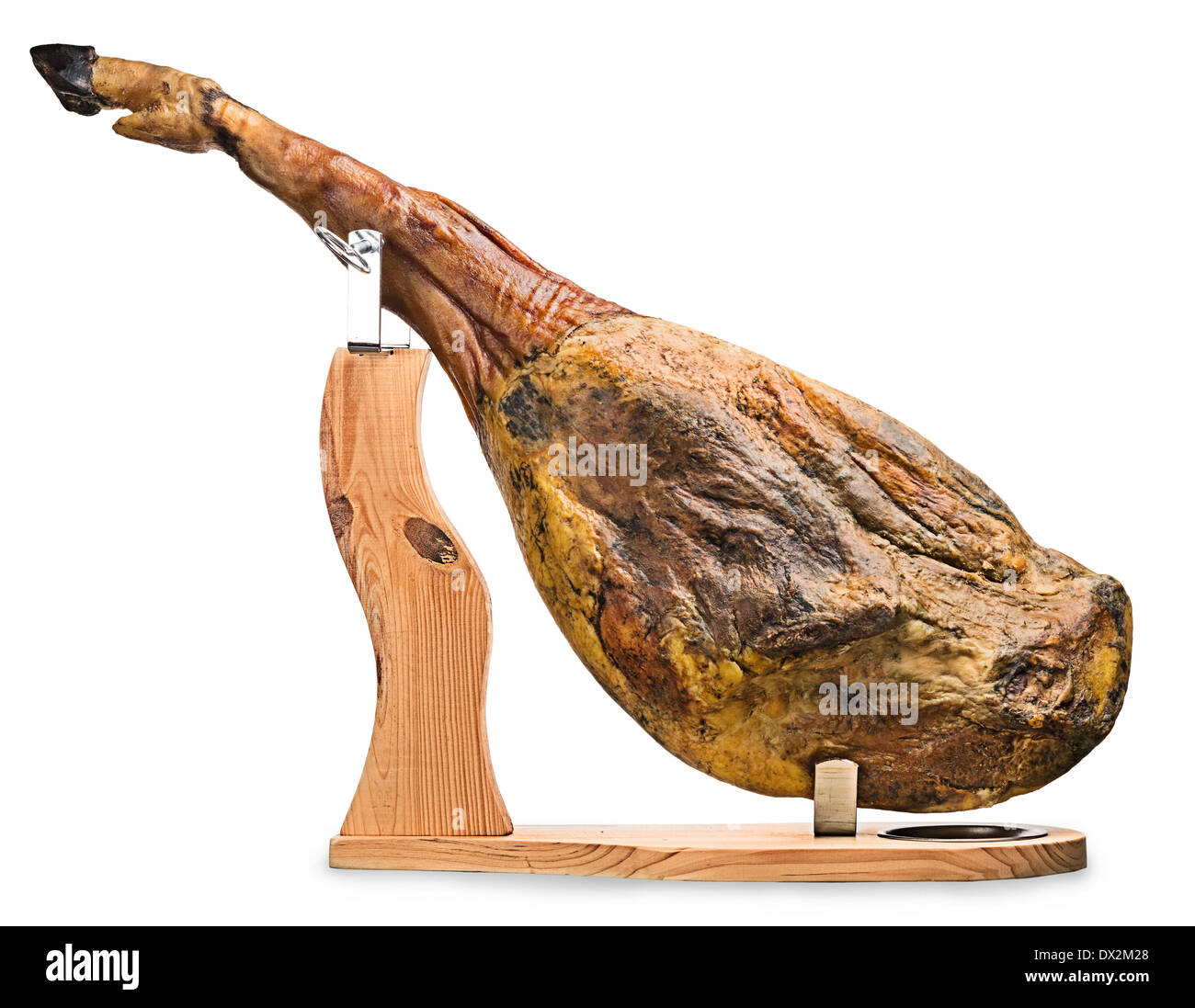 A front leg of Serrano ham mapped on a wooden stand on a white