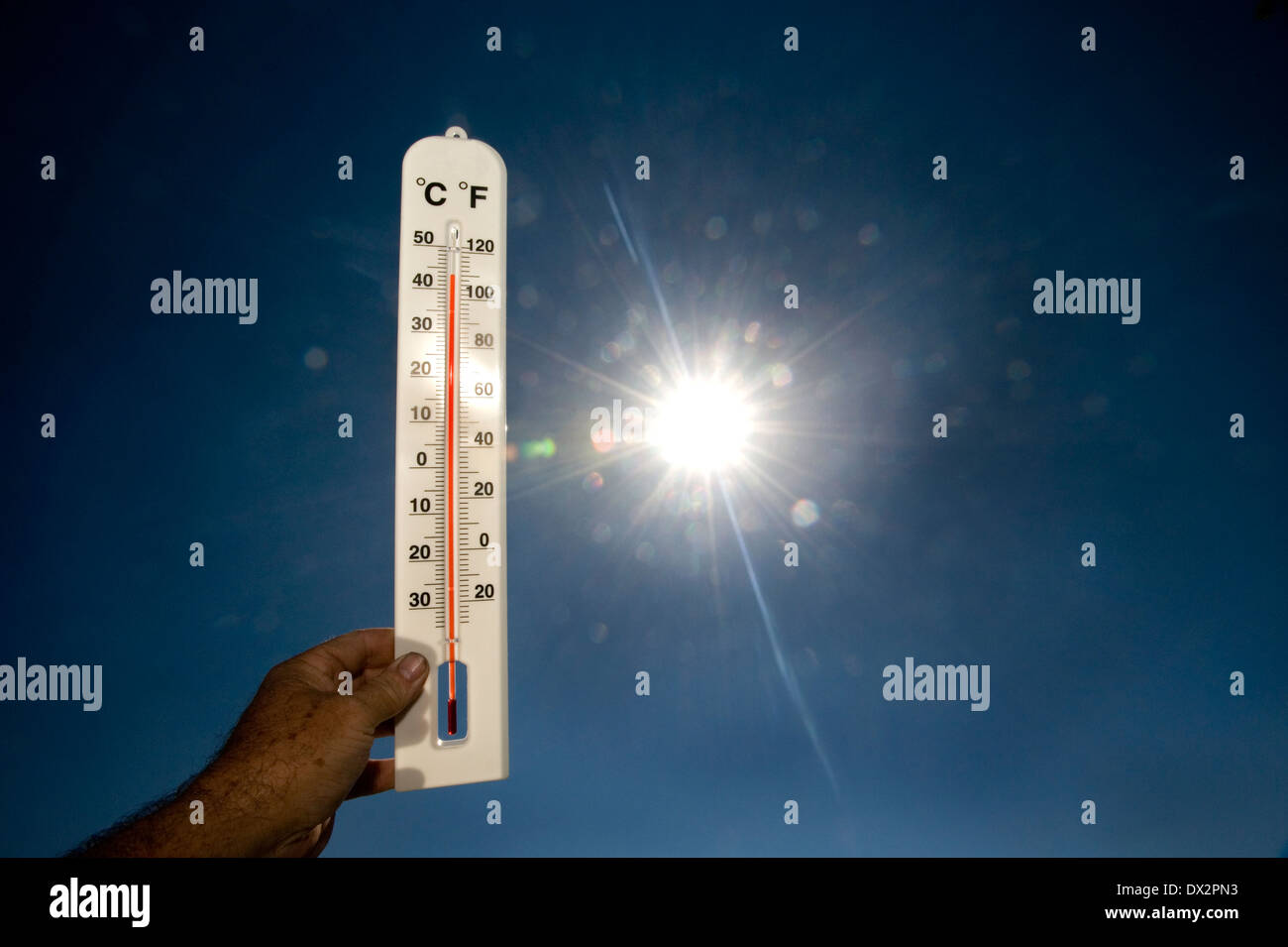 42oC 107oF hot day thermometer Stock Photo