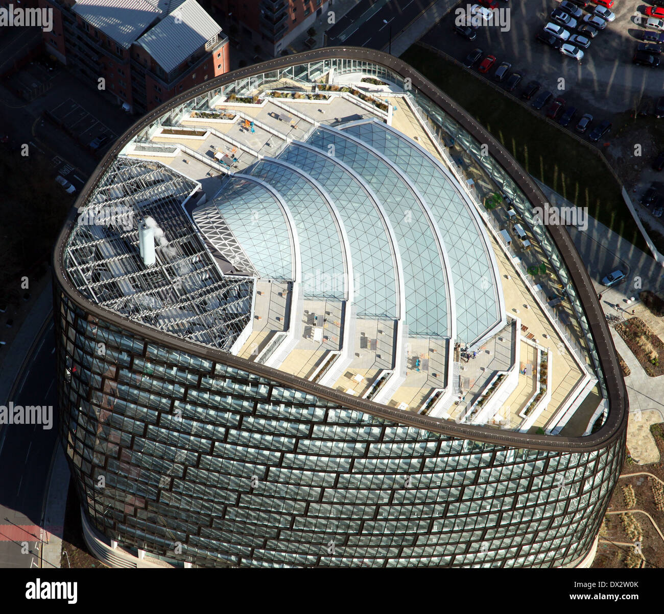 aerial view of One Angel Square, Manchester - headquarters of the CIS Cooperative Group, Co-op HQ Stock Photo