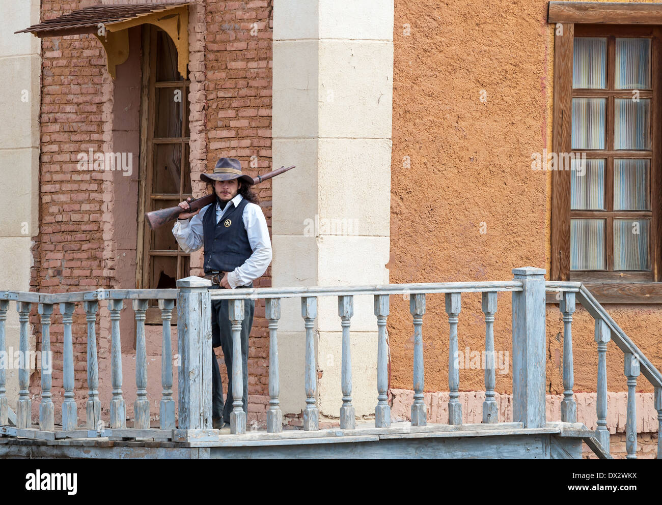 Sheriff on Guard Duty at Mini Hollywood Tabernas, Almeria Province, Andalusia, Spain Stock Photo
