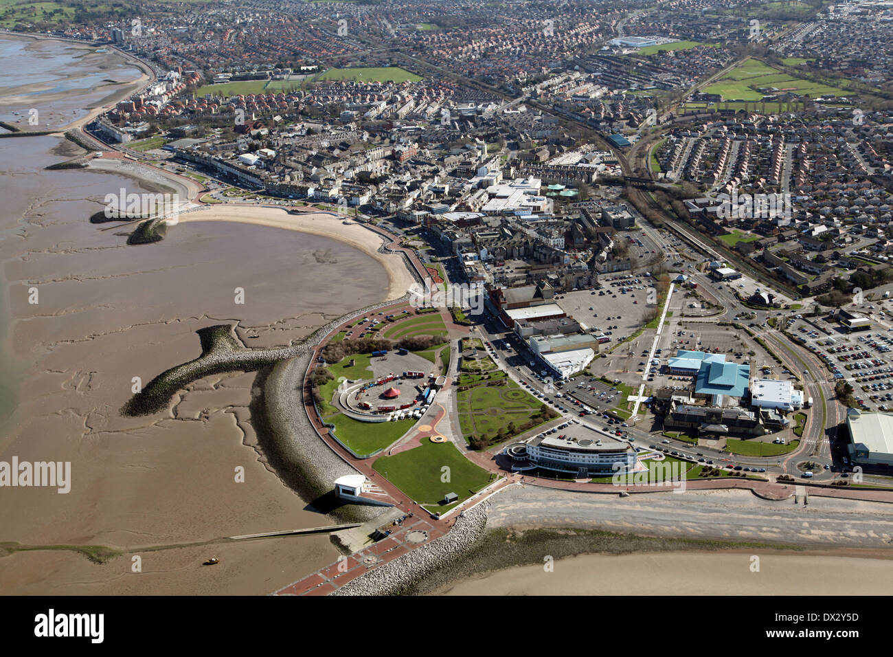 aerial view of Morecambe town, Morecambe Leisure Park, seafront, sea defences and beaches in Lancashire Stock Photo