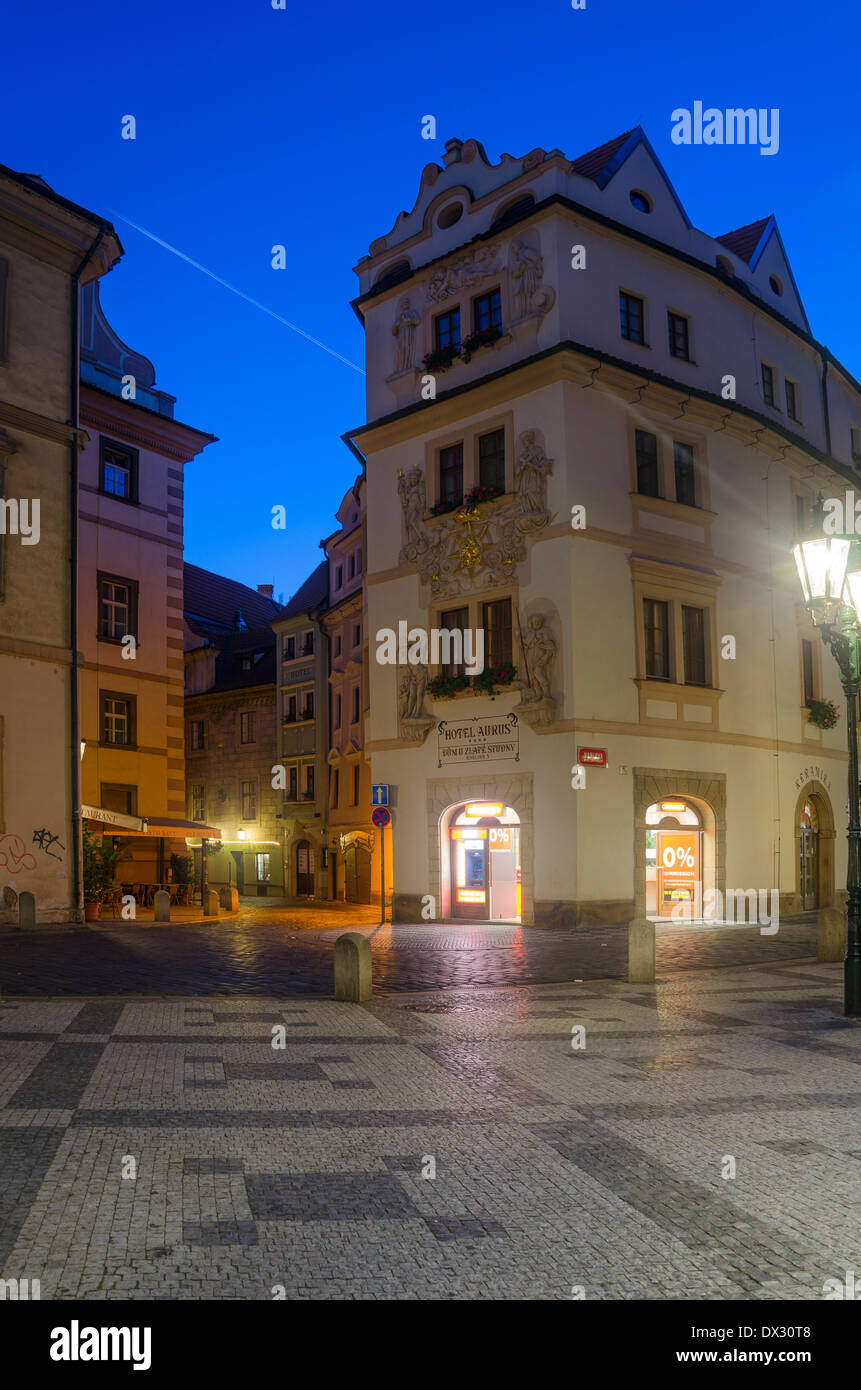 PRAGUE, CZECH REPUBLIC - SEP 07: street view illuminated at night in the magical city of Prague on Sep 07, 2013 Stock Photo
