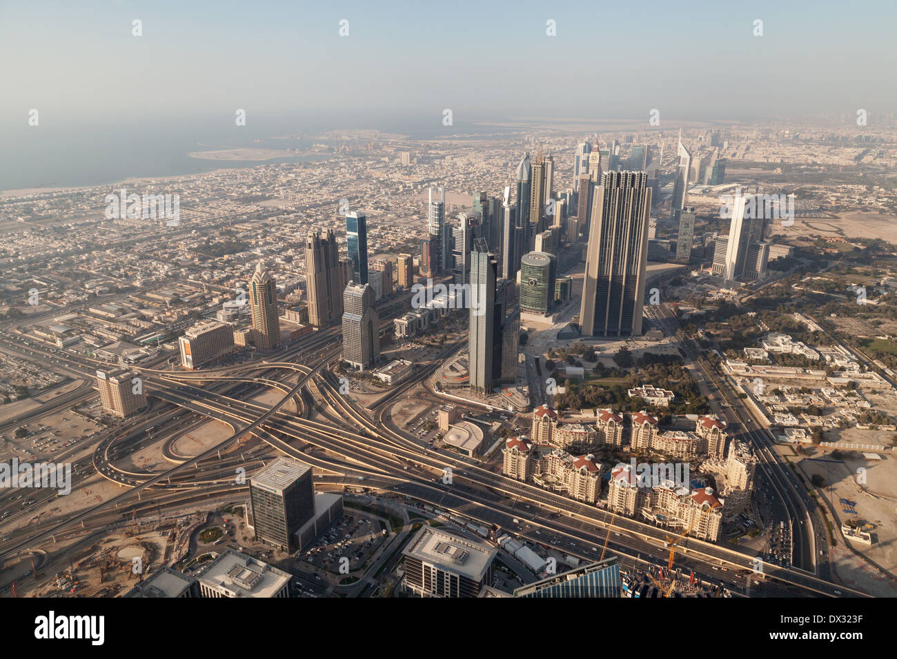 View of Dubai city and skyscrapers from At the Top observation platform, Burj Khalifa, Dubai, UAE, United Arab Emirates Stock Photo