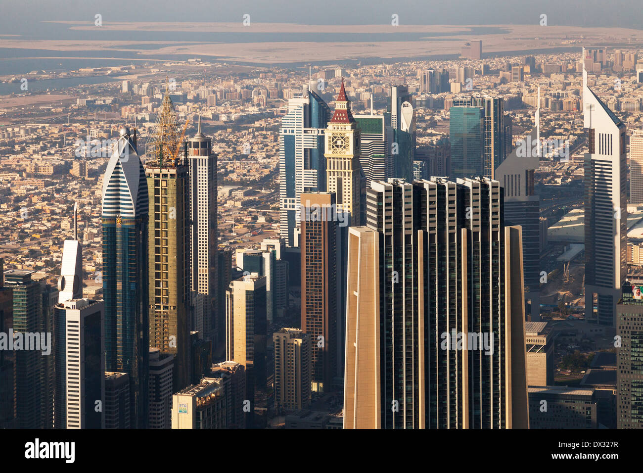 Dubai city skyscrapers in a cityscape seen from At the Top observation deck, Burj Khalifa, Dubai, UAE, United Arab Emirates Stock Photo