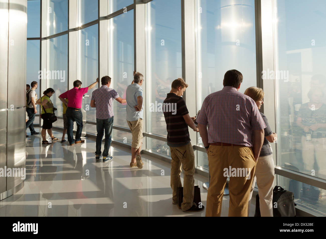 People on the observation deck of  the ' At the Top ' experience, the Burj Khalifa, Dubai, UAE, united Arab Emirates Stock Photo