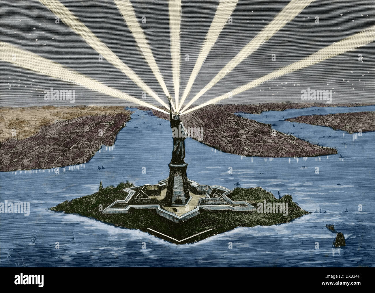 United States. Manhattan. New York. Statue of Liberty. Engraving. Colored. Stock Photo