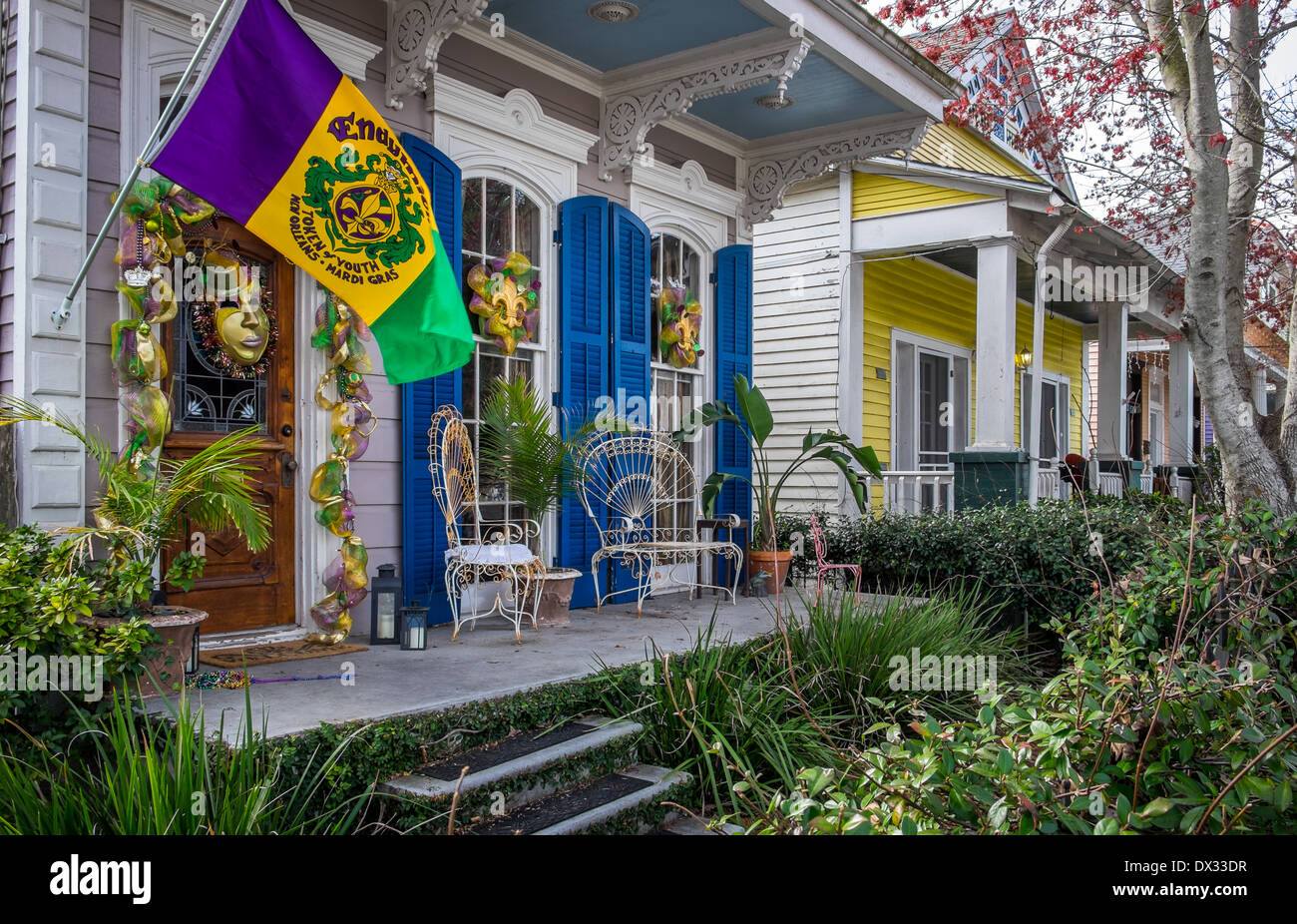 House decorated with Mardi Gras accessories in Algiers Point, a popular community within the city of New Orleans in Louisiana Stock Photo