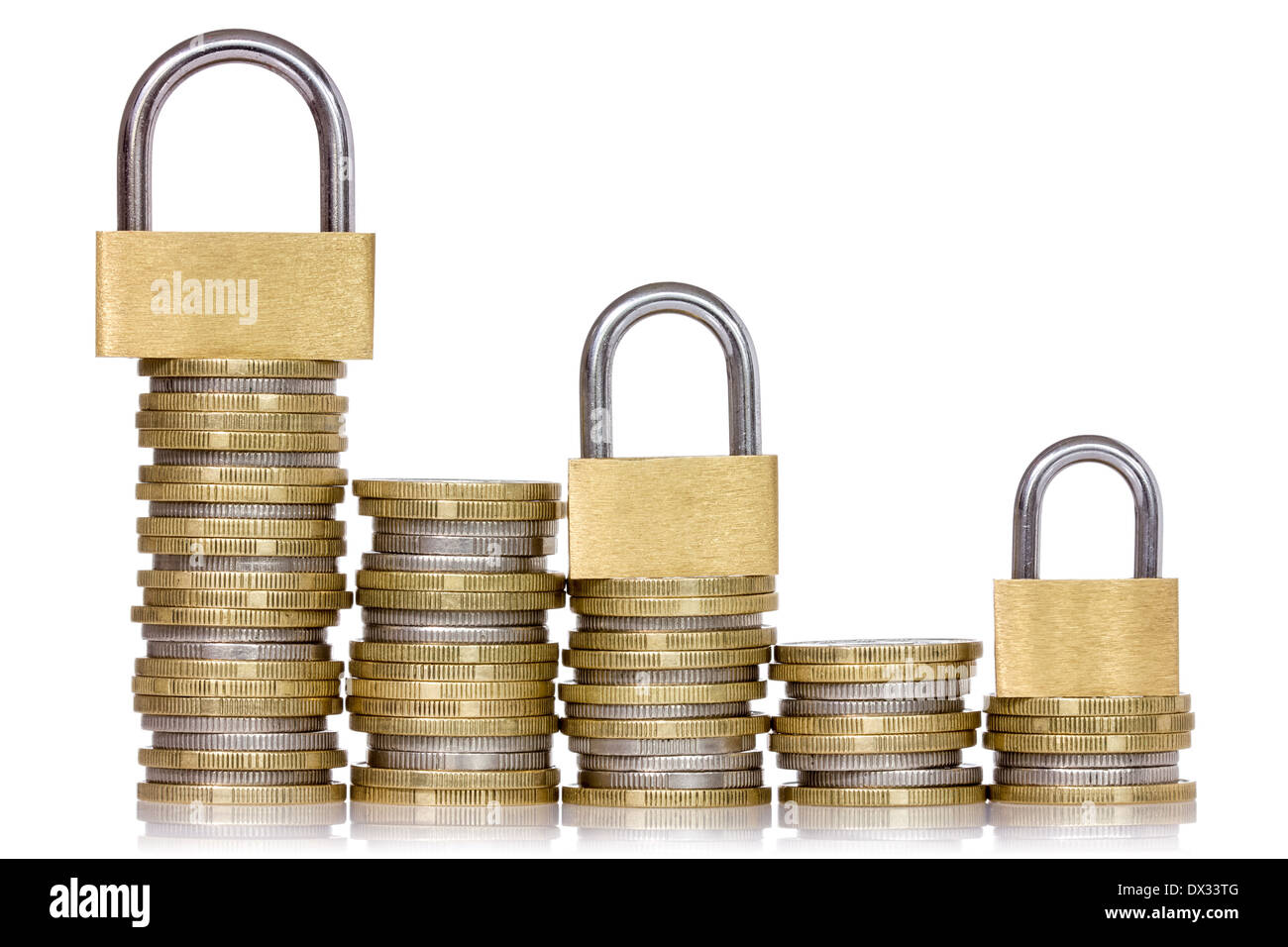 Safe money. Coins and padlocks isolated on a white background Stock