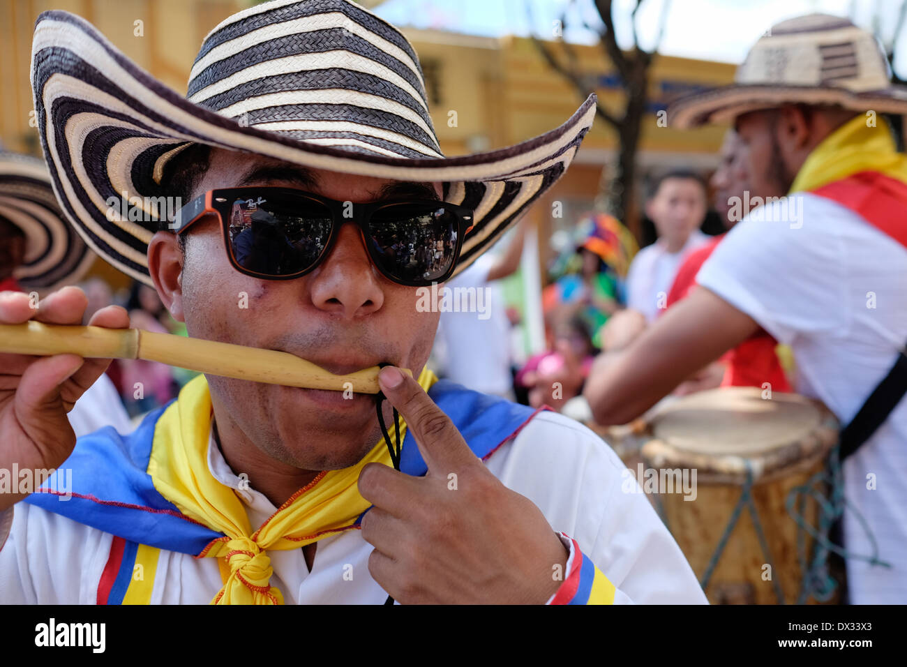 MIAMI - MARCH 9, 2014: Portrait of colombian street performer during the 37th Calle Ocho festival, an annual event that takes place over Eight Street in Little Havana featuring plenty of music, food, and  it is the biggest party in town that celebrates hispanic heritage. Stock Photo