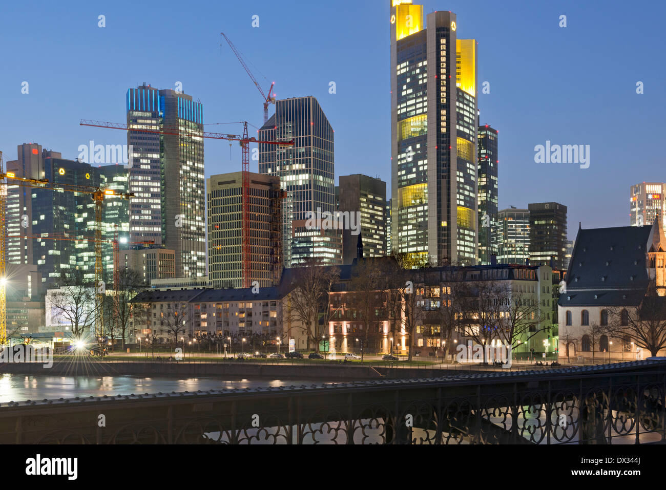 Europe. Germany. Frankfurt on the Main. Downtown. Financial district. Skyline and the river Main. Bridge "Eiserner Steg Stock Photo