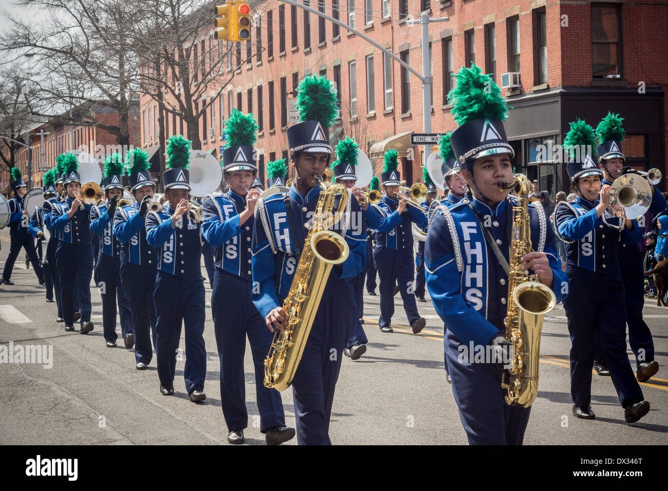 Multiethnic high school marching band the Irish-American Parade in the ...