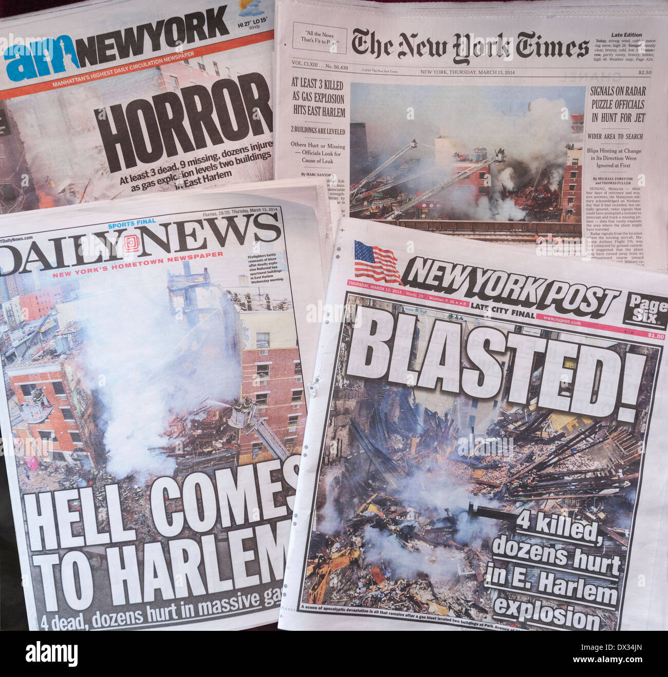 Front pages of New York newspapers report on the previous days morning gas explosion in East Harlem Stock Photo